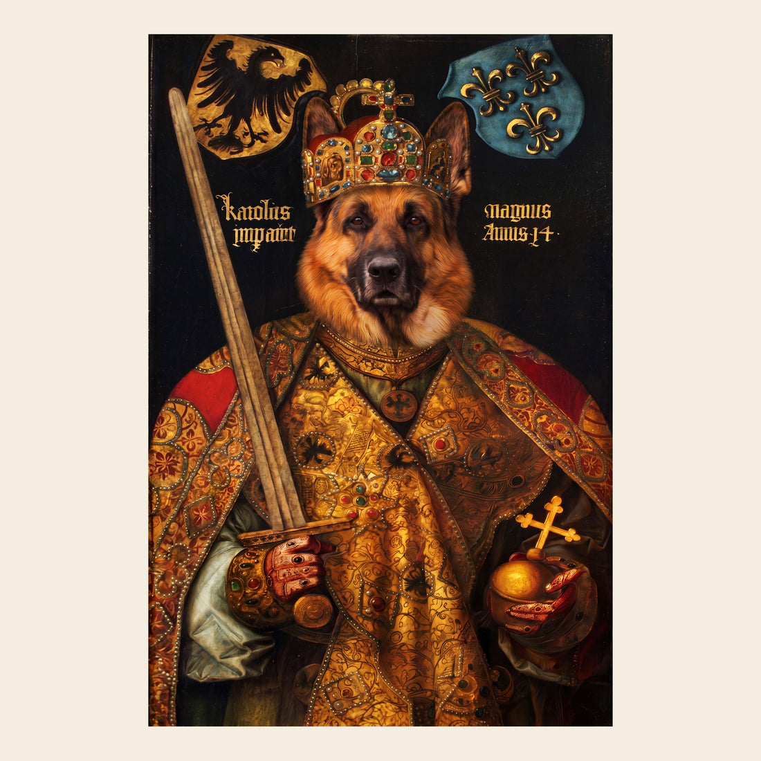 Motiv der Leinwand: Hund als Kaiser Karl der Grosse im Oelgemaelde-Stil nach Foto