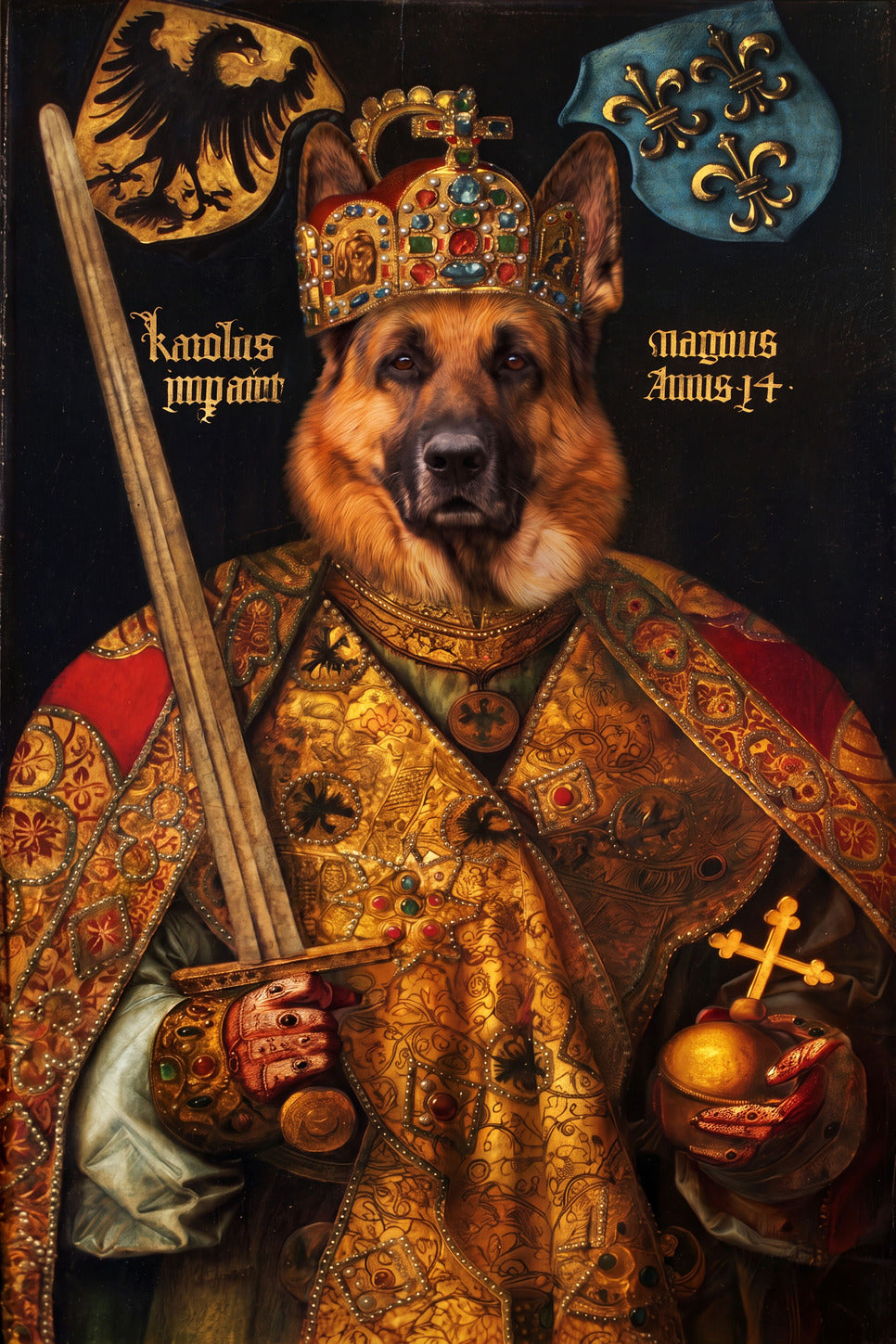 Digitales Hundeportrait als Kaiser Karl der Grosse - hochaufloesende Datei nach Foto