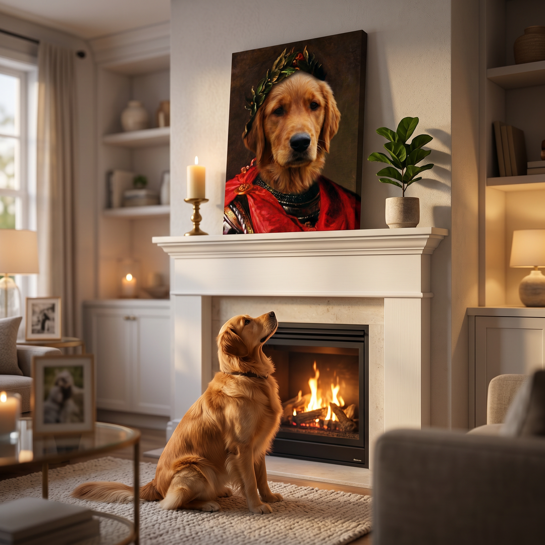 Hundeportrait König auf dem Kaminsims - Hund als Kaiser nach Foto