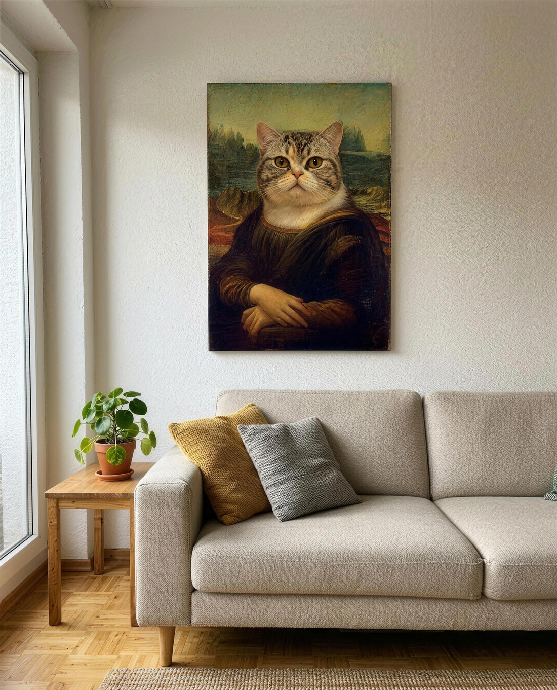 Haustier Gemälde Mona Lisa auf Leinwand über dem Sofa - Katze im Wohnzimmer nach Foto