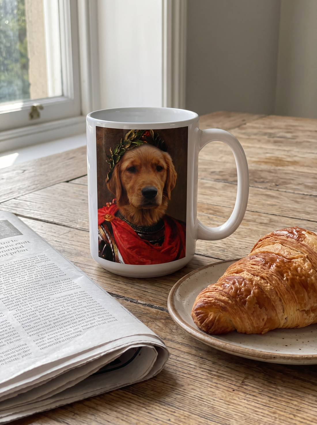 Hundetasse Römischer Kaiser auf dem Frühstückstisch mit Croissant