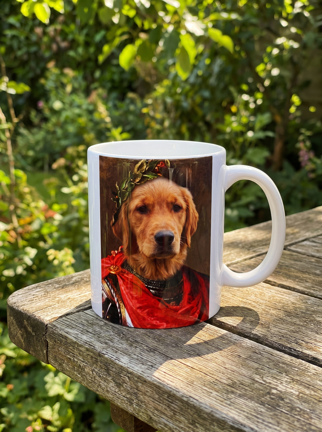Hundetasse Römischer Kaiser auf dem Gartentisch im Sonnenlicht