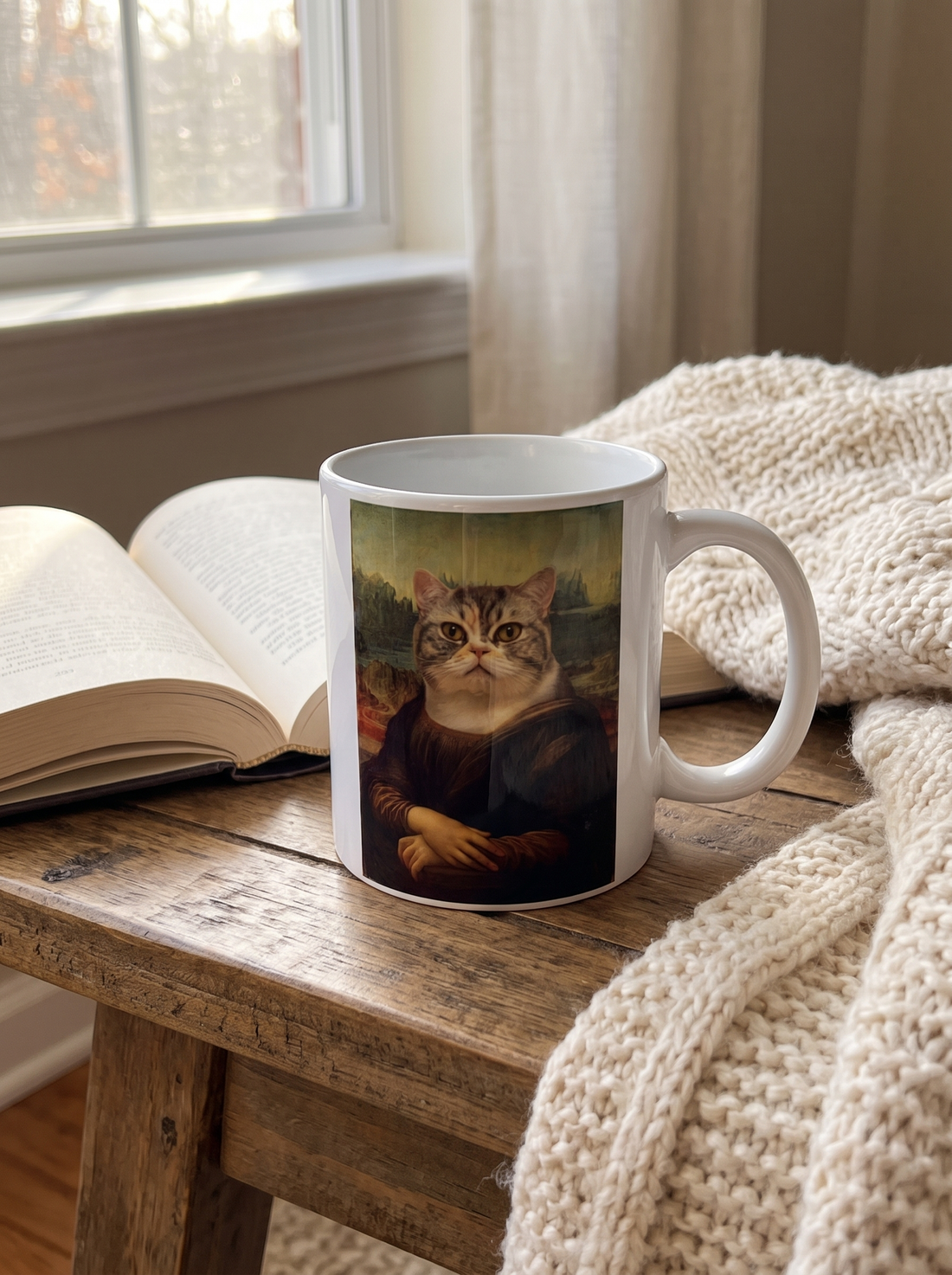 Katzentasse Mona Lisa auf dem Couchtisch neben einem Buch