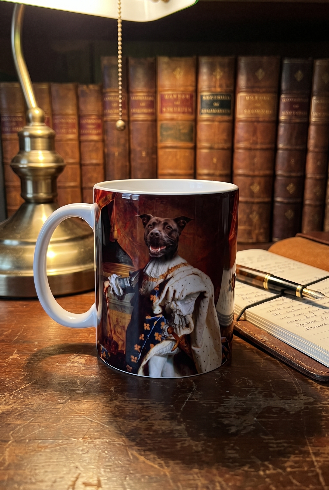 Tasse mit Hund als Sonnenkönig auf dem Bibliothekstisch vor Ledereinbänden
