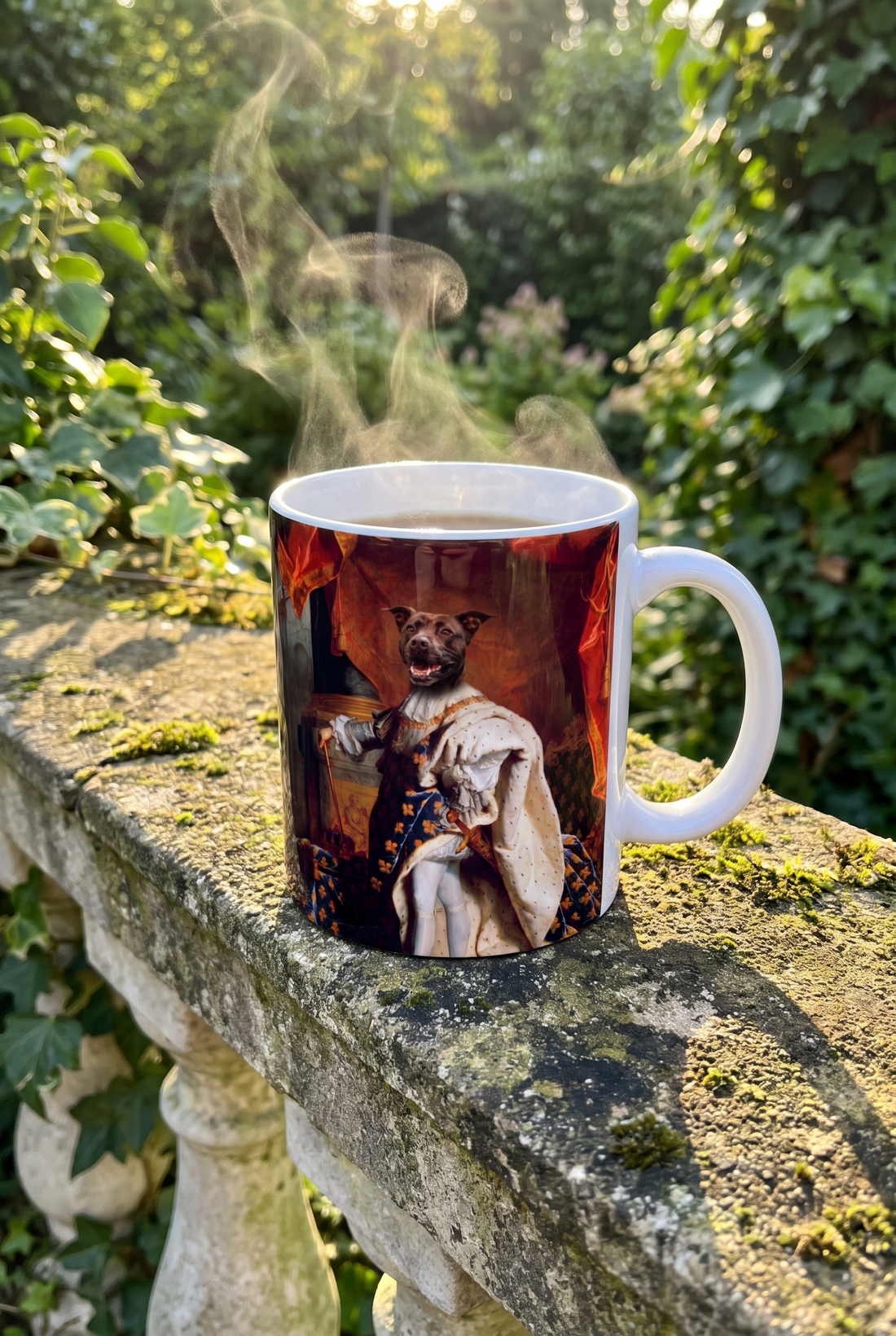 Tasse mit Hund als Sonnenkönig auf der Steinbalustrade im Garten