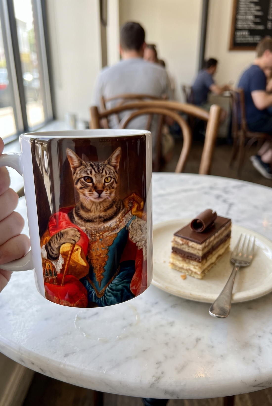 Personalisierte Tasse mit Katze im Barockstil auf einem Marmortisch neben Kuchen