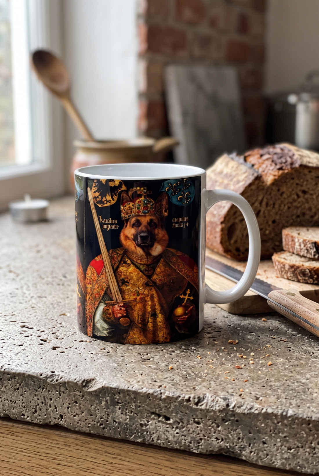 Personalisierte Tasse mit Hund als Kaiser auf einer Steinarbeitsplatte neben Roggenbrot