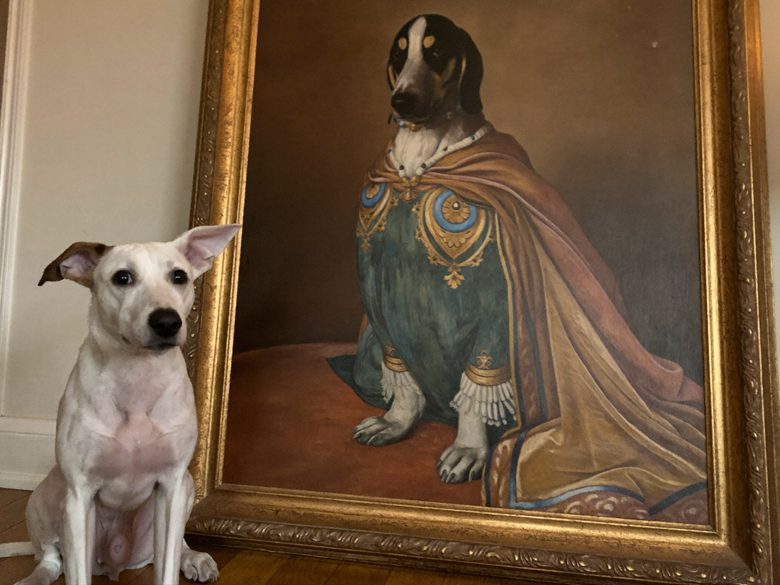 Hund sitzt neben seinem royalen Gemaelde-Portrait in edlem Gewand