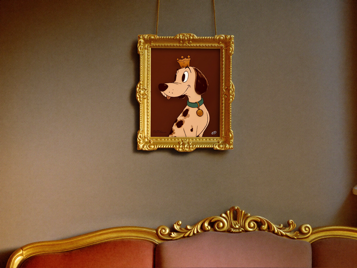 Königsstil-Portrait als gerahmte Leinwand über einem gemütlichen Sofa, Disney-Storybook-Illustration