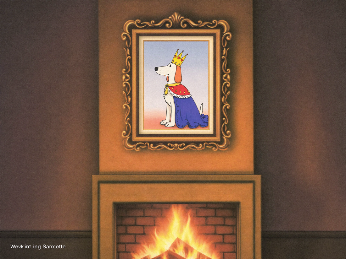 Krönungsstil-Portrait eines Hundes mit Krone als gerahmte Leinwand ueber dem Kamin