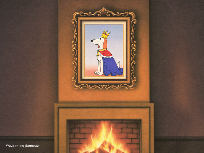 Krönungsstil-Portrait eines Hundes mit Krone als gerahmte Leinwand ueber dem Kamin