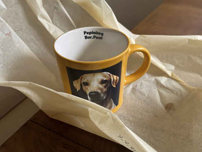 Als Geschenk verpackte Tasse mit Hundeportrait, die aus cremefarbenem Geschenkpapier herausschaut