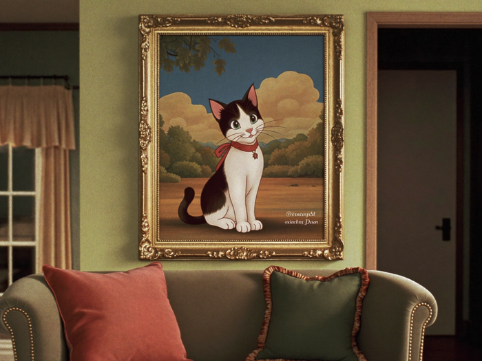 Renaissance-Portrait als Leinwand im Wohnzimmer mit goldenem Rahmen, Disney-Storybook-Illustration
