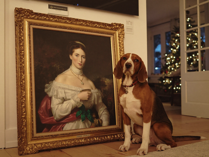Hund sitzt neben seinem royalen Portrait an der Wand in weihnachtlich gemütlicher Wohnzimmeratmosphäre