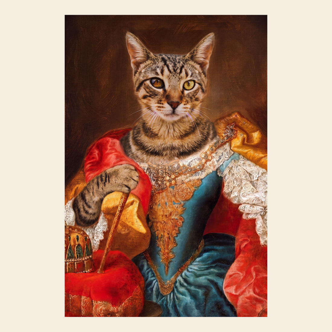 Motiv der Leinwand: Katzenportrait Barock als Maria Theresia im Oelgemaelde-Stil