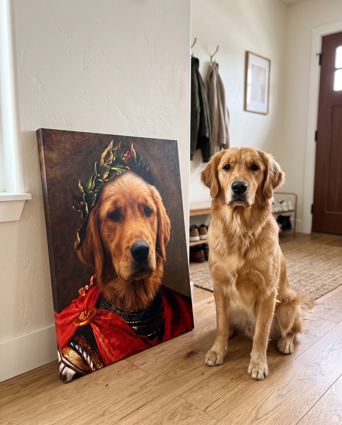 Hundeportrait König auf Leinwand im Flur - Hund neben dem Bild nach Foto