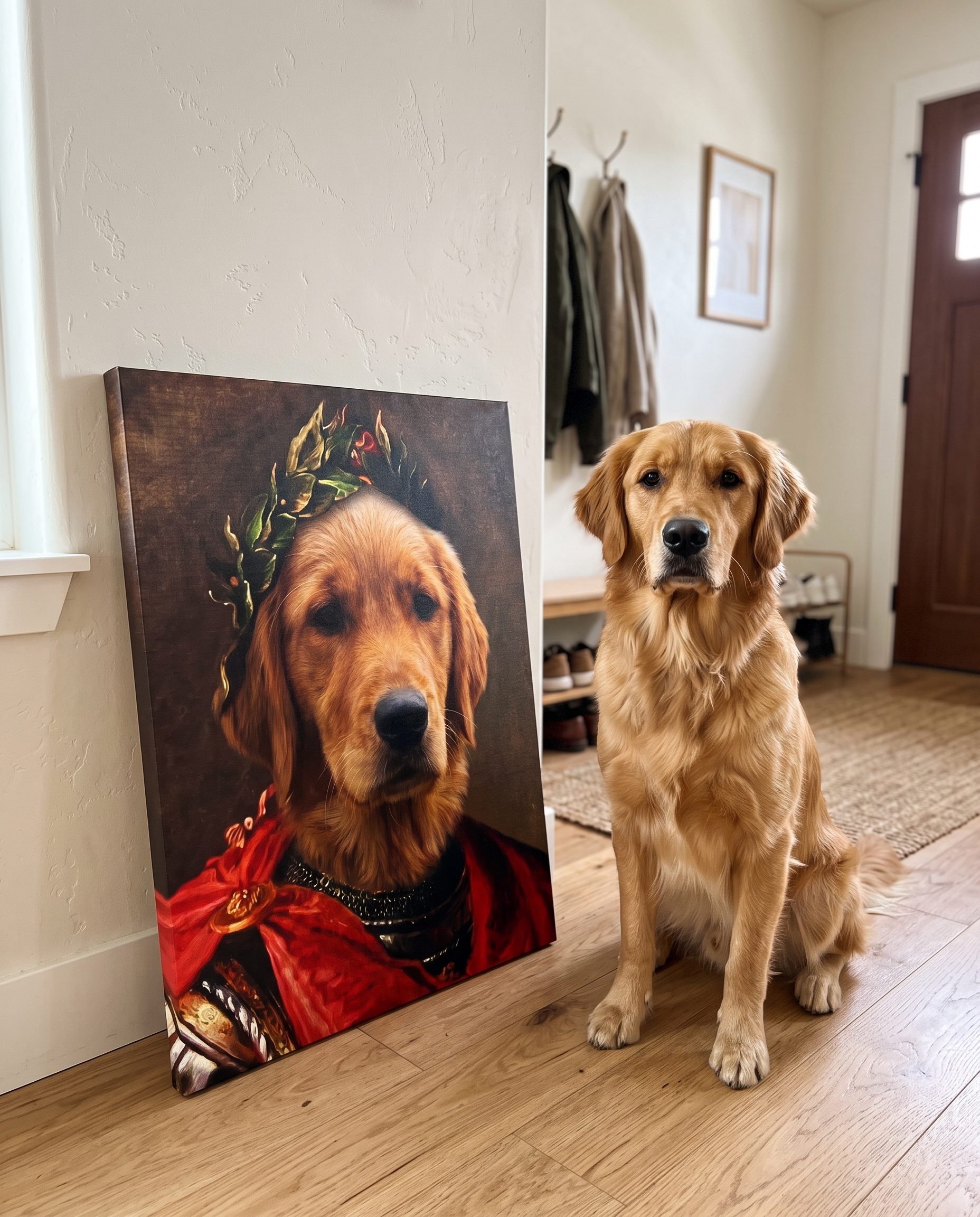 Haustierportrait Julius Cäsar auf Leinwand im Flur – Hund neben dem Bild nach Foto