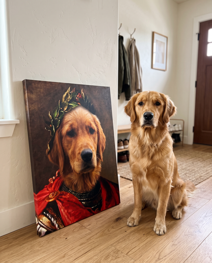 Haustierportrait Julius Cäsar auf Leinwand im Flur – Hund neben dem Bild nach Foto