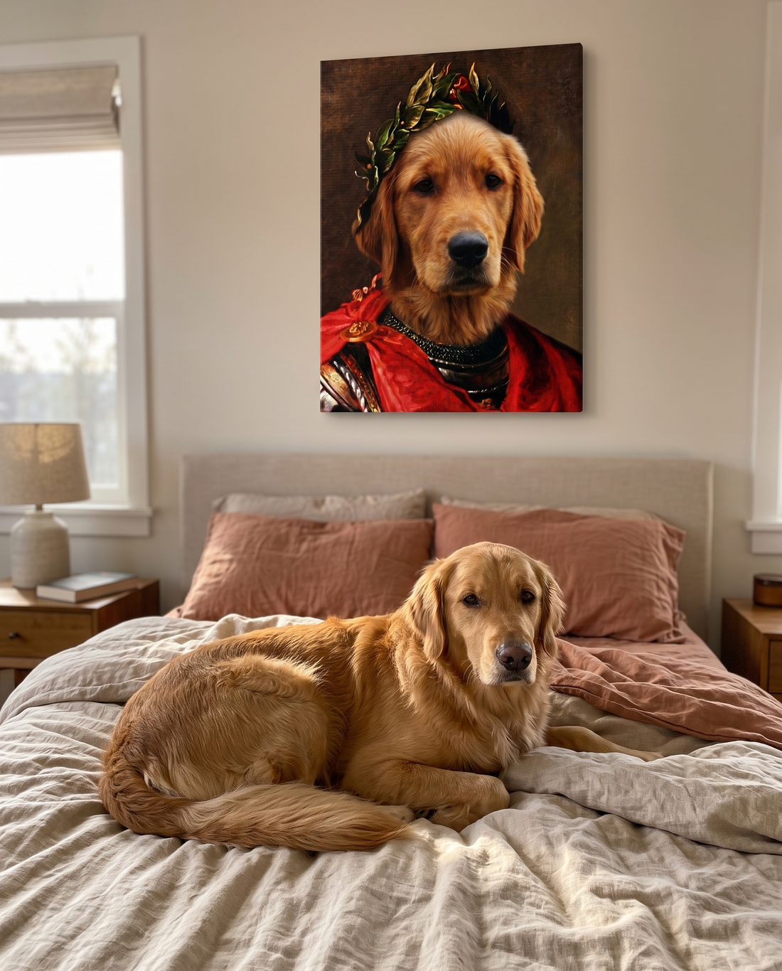 Hundeportrait König auf Leinwand über dem Bett - Hund im Schlafzimmer nach Foto