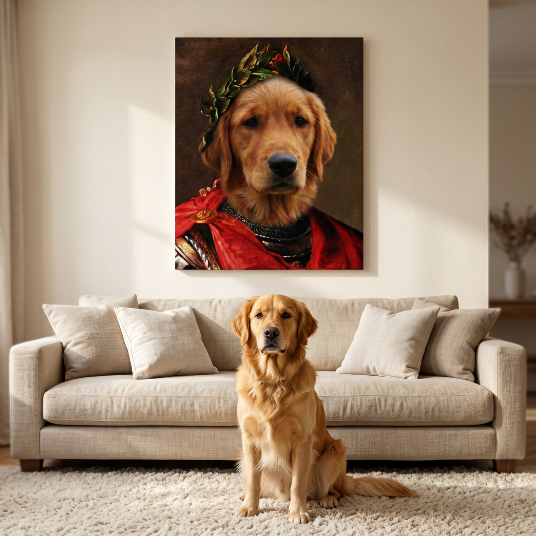 Hundeportrait König auf Leinwand über dem Sofa - Hund im Wohnzimmer