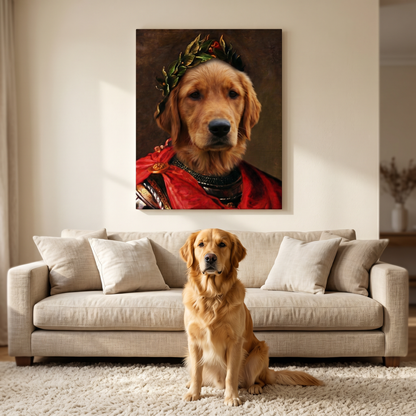 Haustierportrait Julius Cäsar auf Leinwand über dem Sofa – Hund im Wohnzimmer