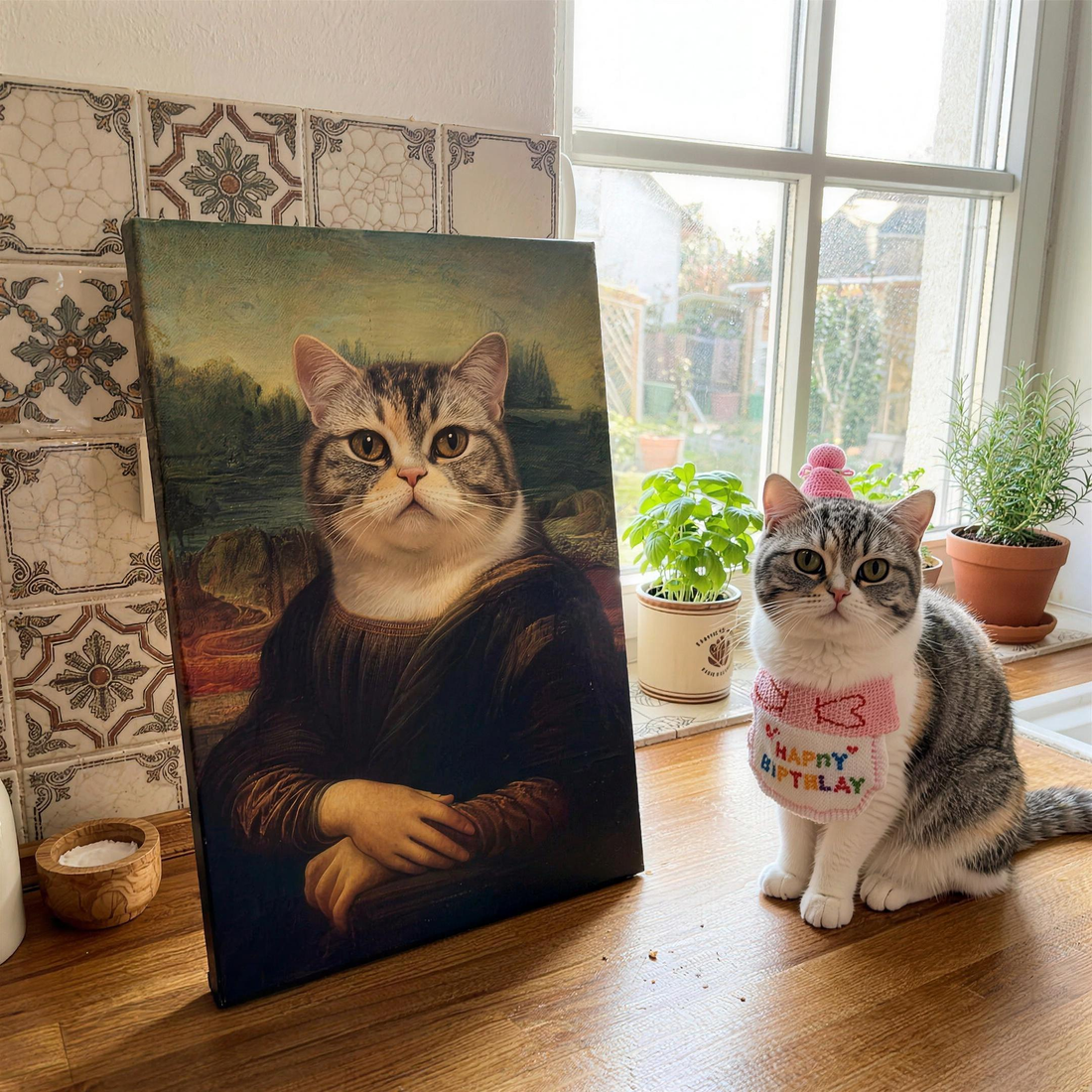 Haustier Gemälde Mona Lisa auf Leinwand in der Küche - Katze am sonnigen Fenster neben dem Bild