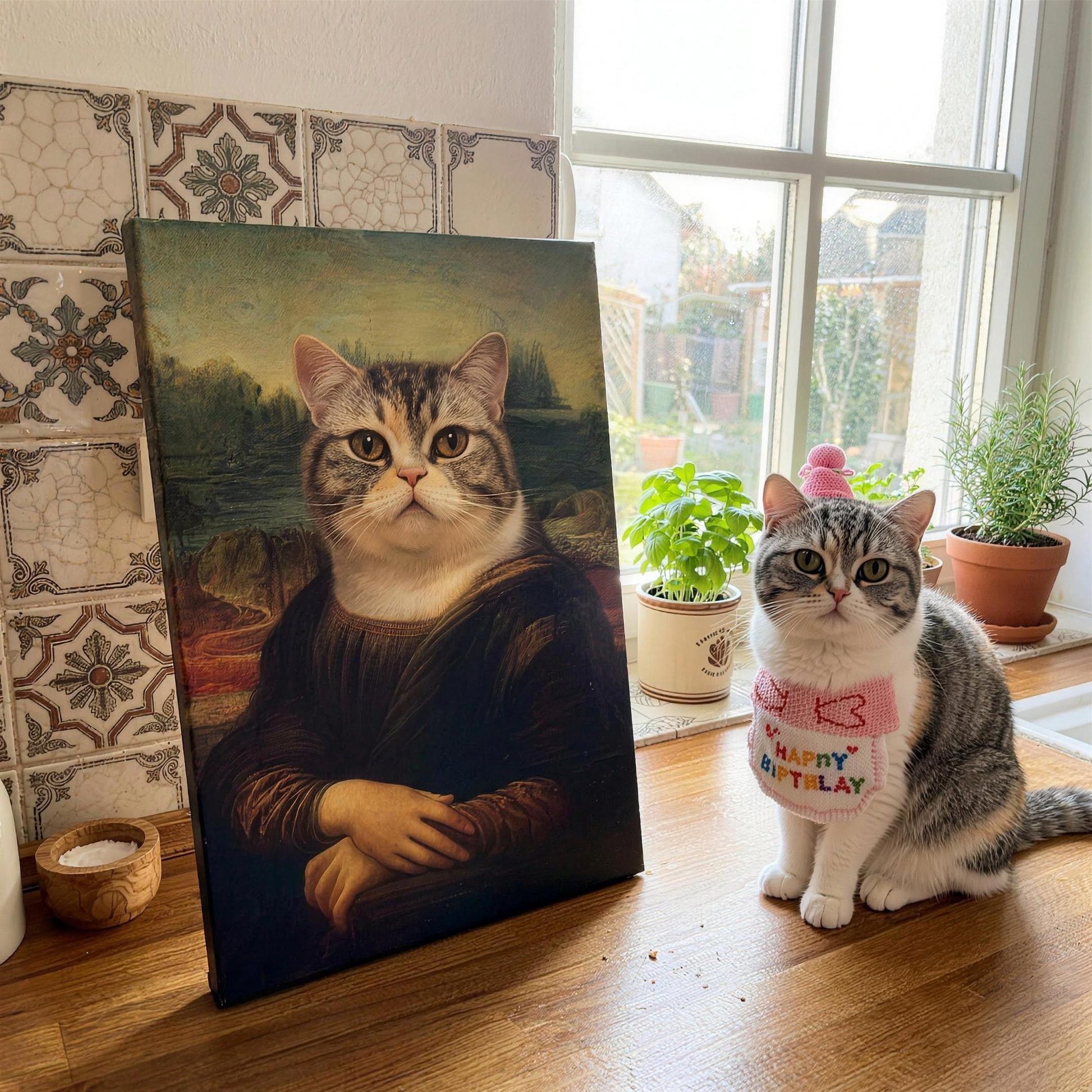 Mona Lisa Katzenportrait auf Leinwand in der Küche – Geburtstagskatze am sonnigen Fenster neben dem Bild