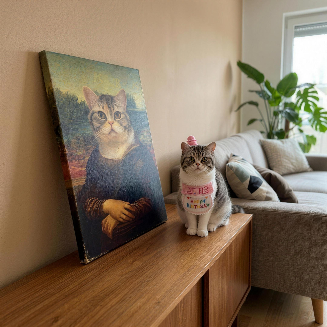 Haustier Gemälde Mona Lisa auf Leinwand im Wohnzimmer - Katze neben dem Bild auf dem Sideboard