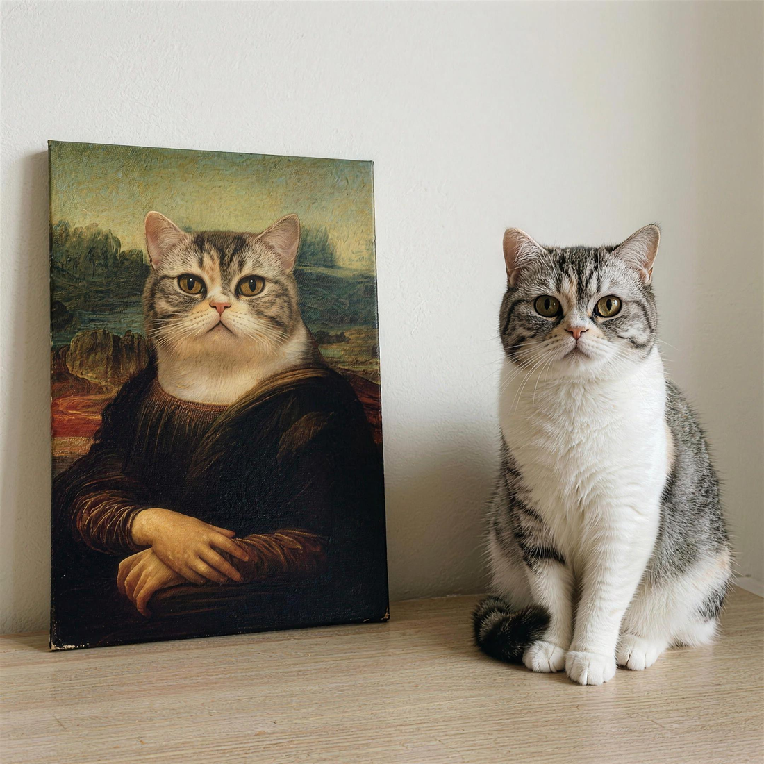 Haustier Gemälde Mona Lisa als Geschenk - Katze neben ihrer Leinwand nach Foto