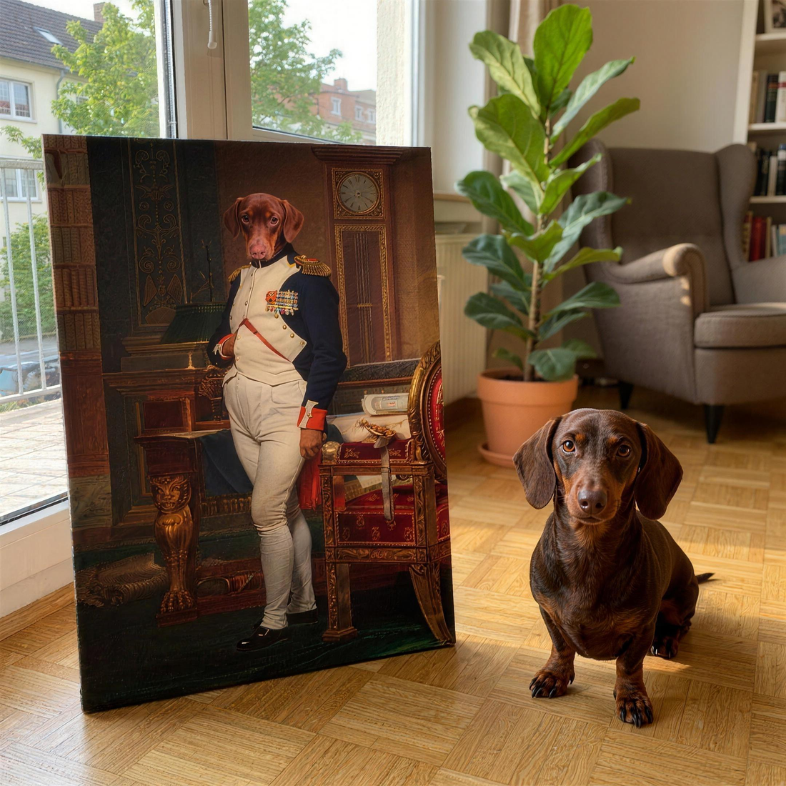 Hund in Uniform auf Leinwand am Fenster - Dackel neben dem Bild im Wohnzimmer