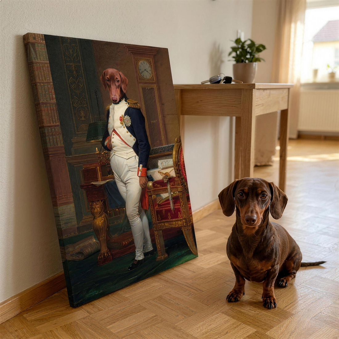 Hund in Uniform auf Leinwand im Flur - Dackel neben dem Bild auf dem Boden