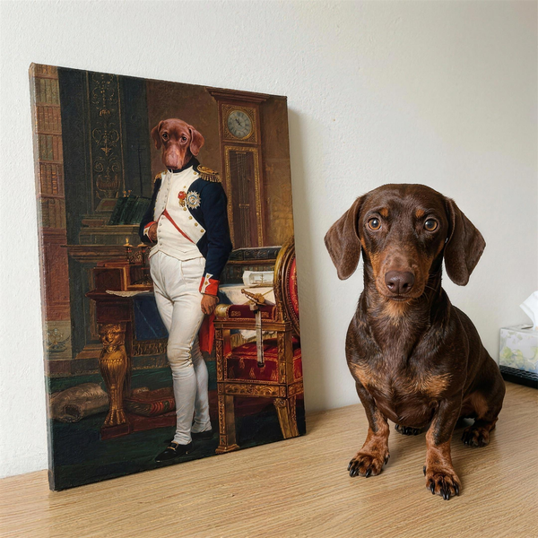 Hund in Uniform als Napoleon auf Leinwand - nach Foto