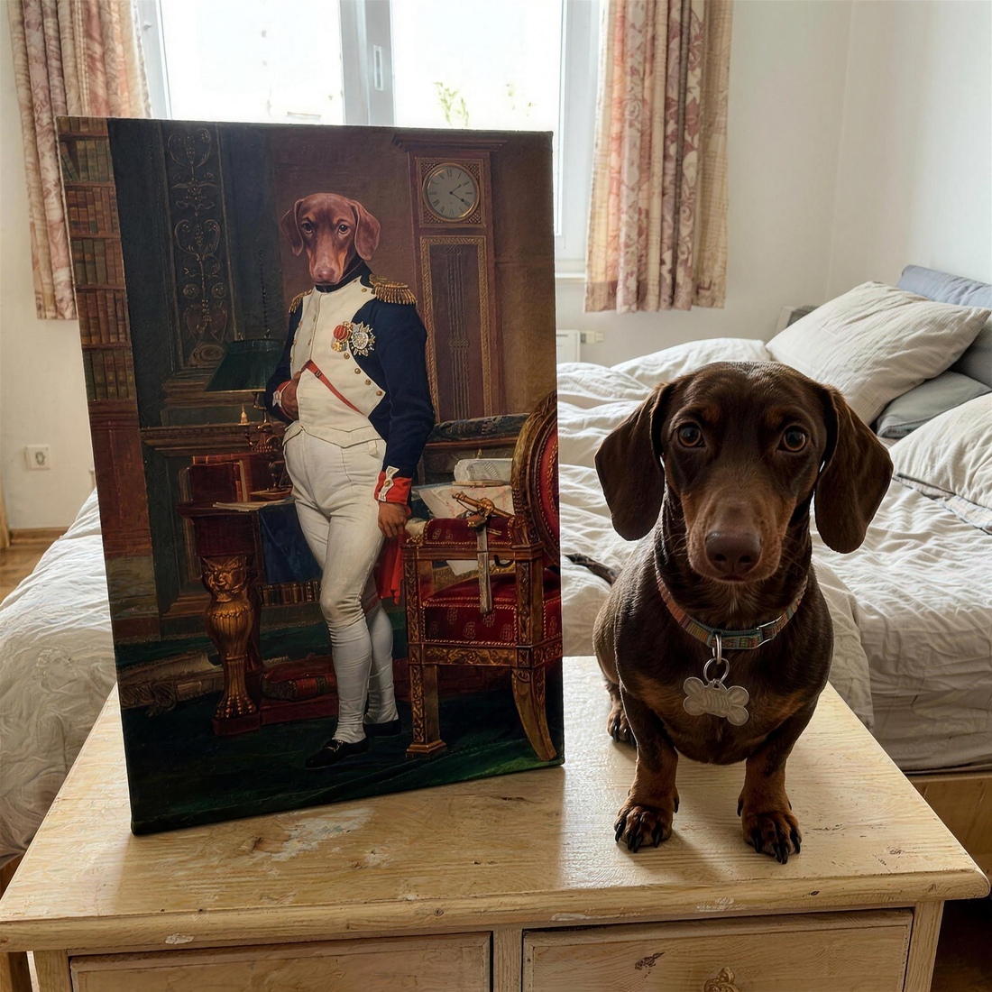 Hund in Uniform auf Leinwand im Schlafzimmer - Dackel neben dem Bild auf der Kommode