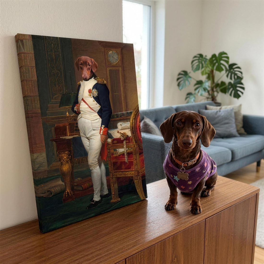 Hund in Uniform auf Leinwand im Wohnzimmer - Dackel neben dem Bild auf dem Sideboard