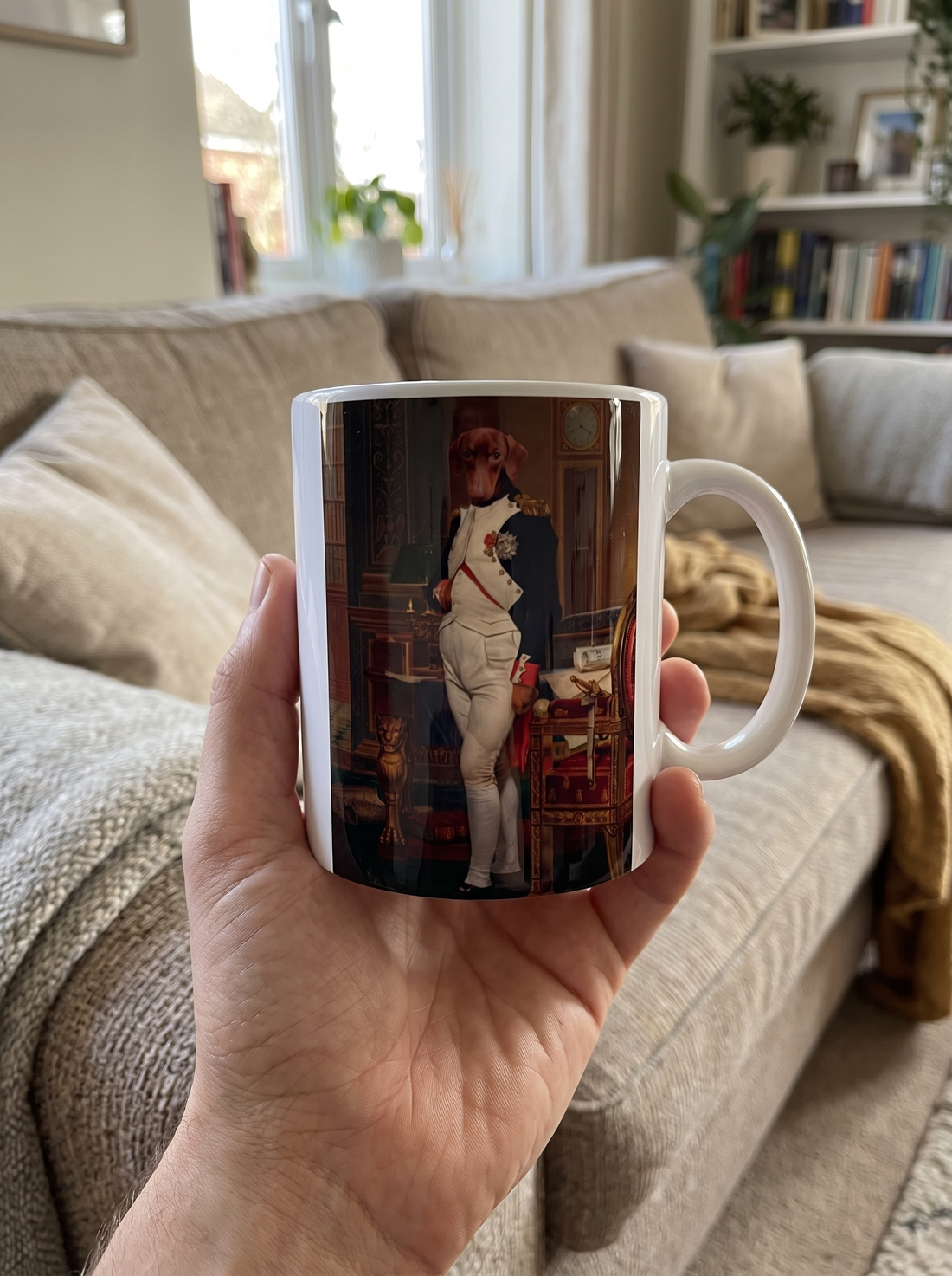 Hundetasse Napoleon in der Hand auf dem Sofa