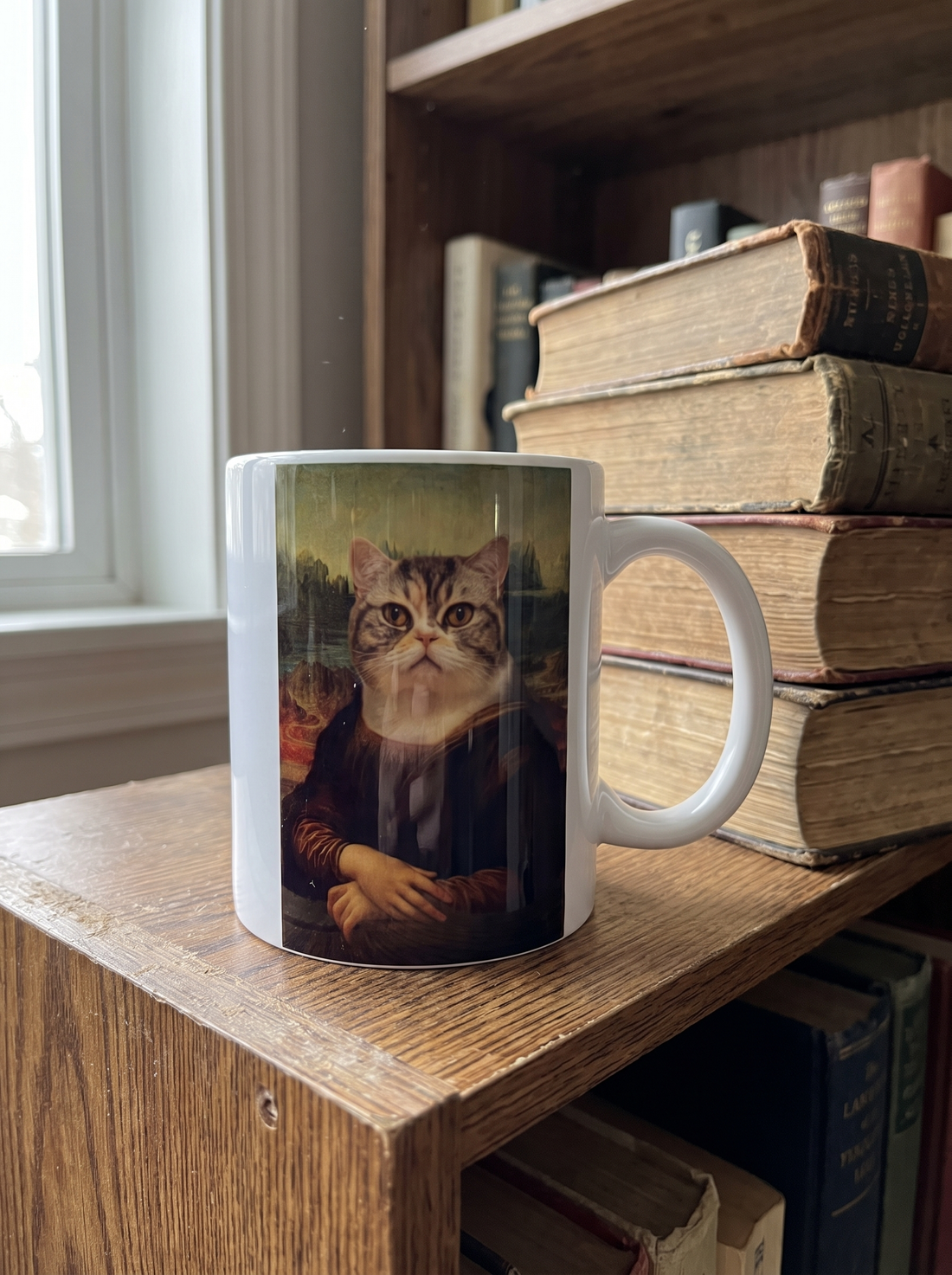 Katzentasse Mona Lisa im Regal neben Büchern