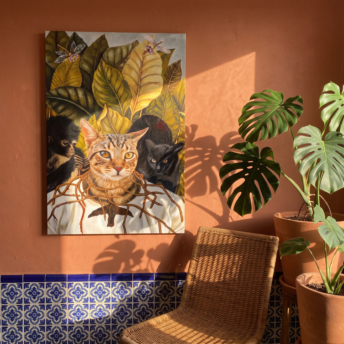 Katzenbild bunt auf Leinwand nach Foto - Bild an terrakottafarbener Wand mit Talavera-Fliesen