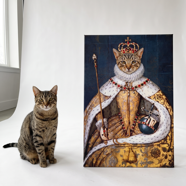 Katze als Koenigin auf Leinwand nach Foto - echte Katze neben ihrem Katzenportrait