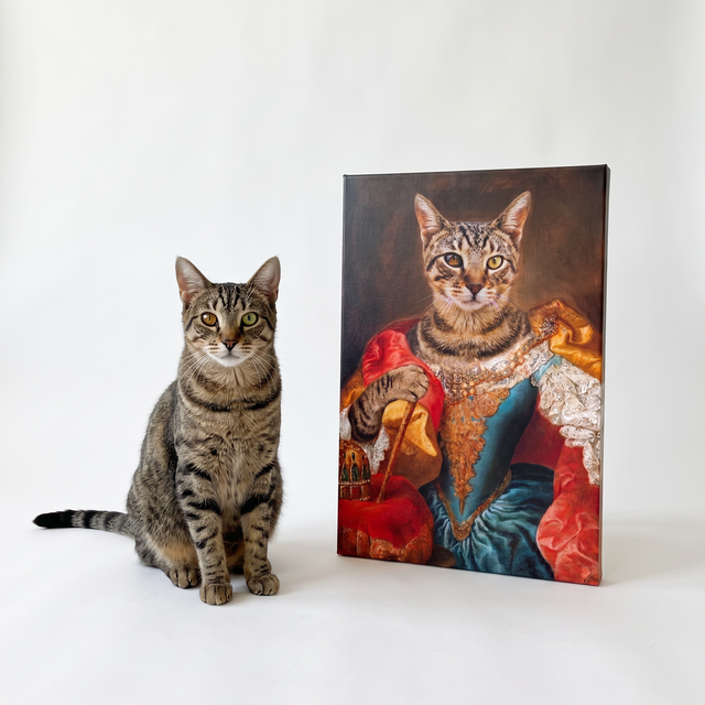 Katzenportrait Barock auf Leinwand nach Foto - echte Katze neben ihrem Bild
