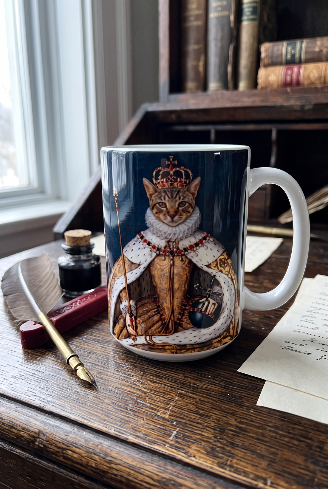 Personalisierte Tasse mit Katze als Koenigin auf einem Schreibpult mit Federkiel