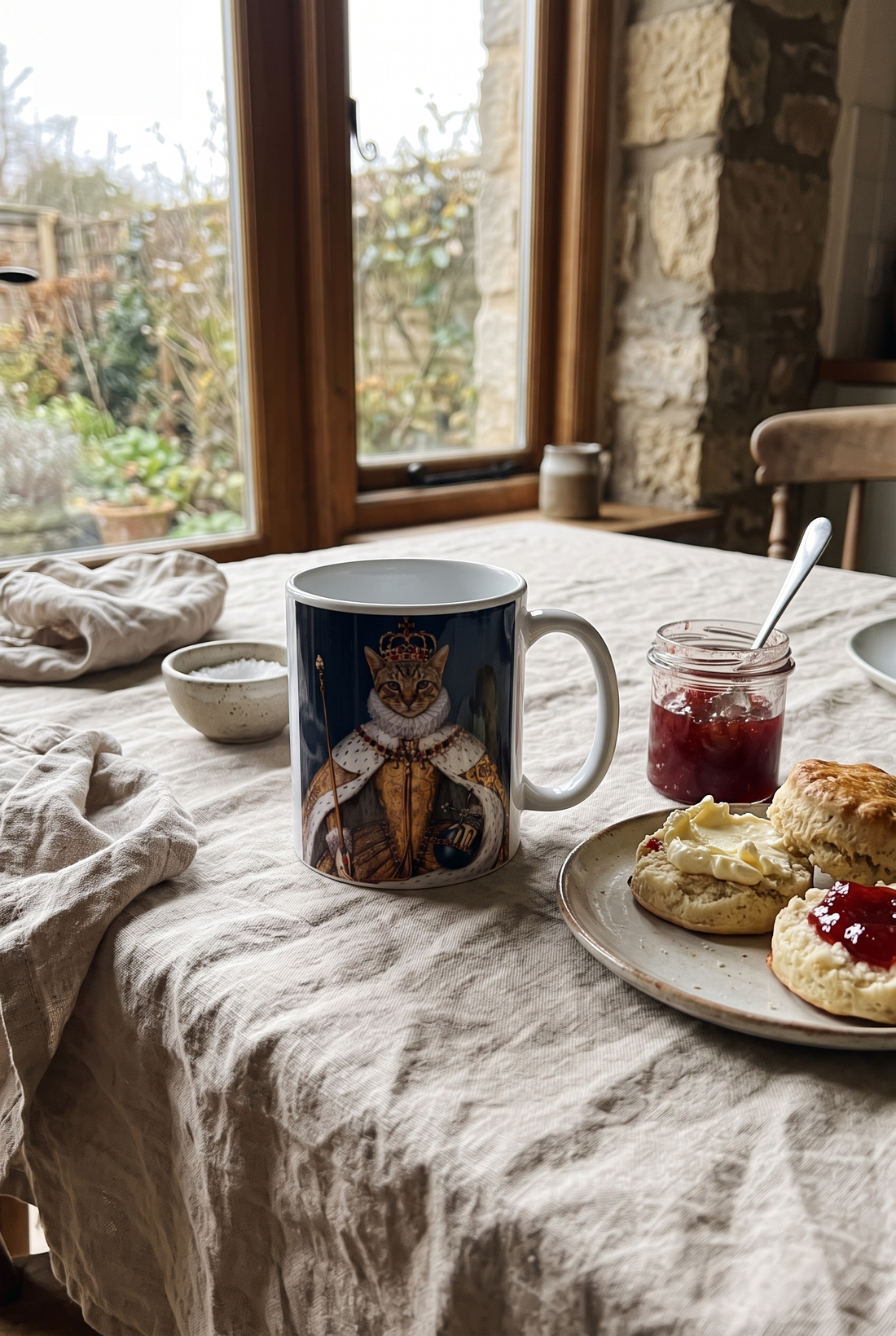 Personalisierte Tasse mit Katze als Koenigin auf einer Leinendecke neben Scones