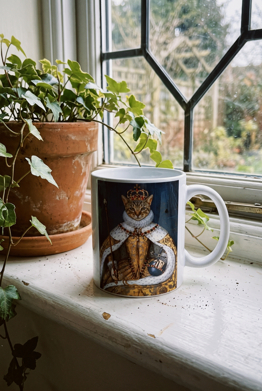 Personalisierte Tasse mit Katze als Koenigin auf einer Fensterbank mit Efeu