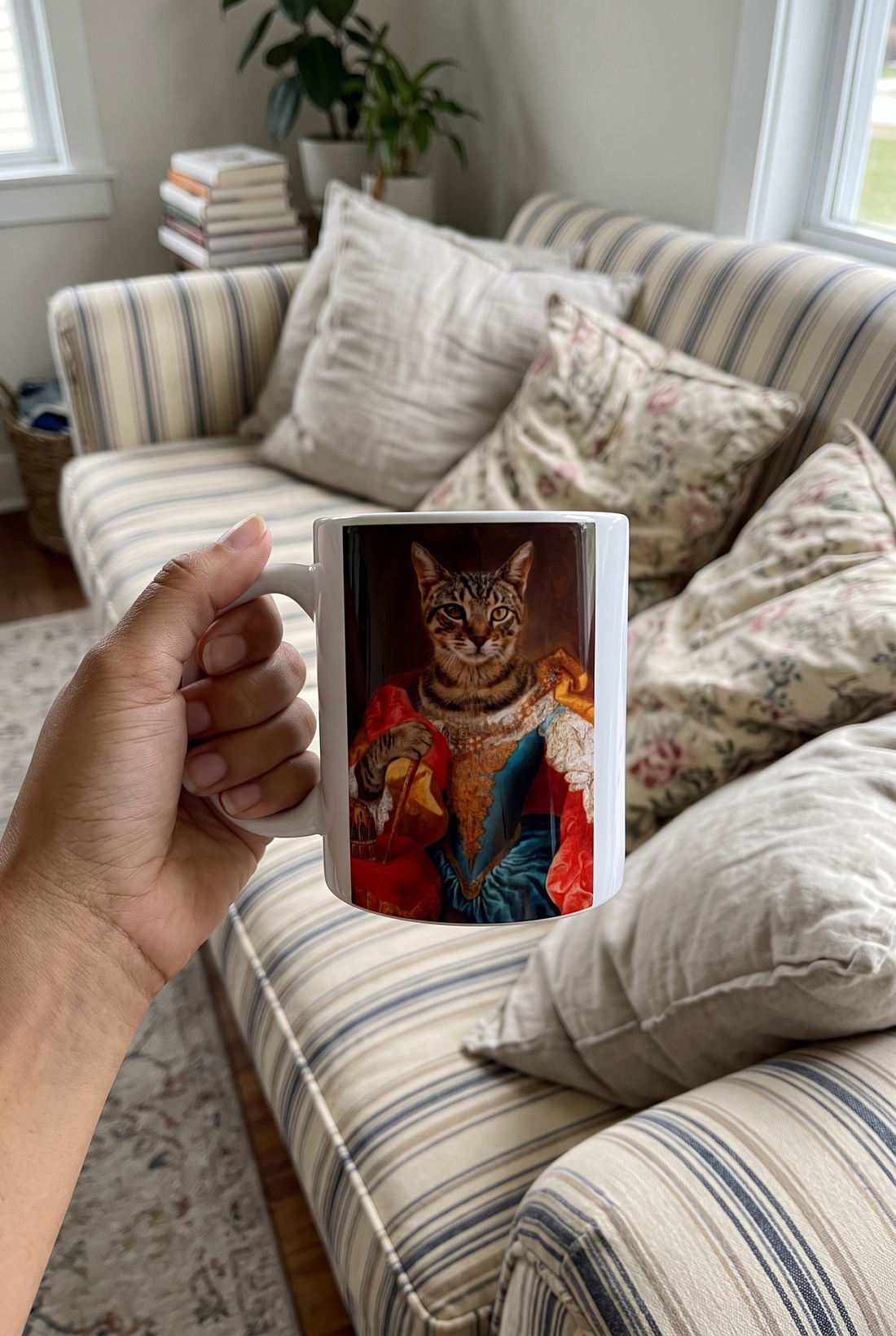 Personalisierte Tasse mit Katze im Barockstil in der Hand auf einer gestreiften Recamiere