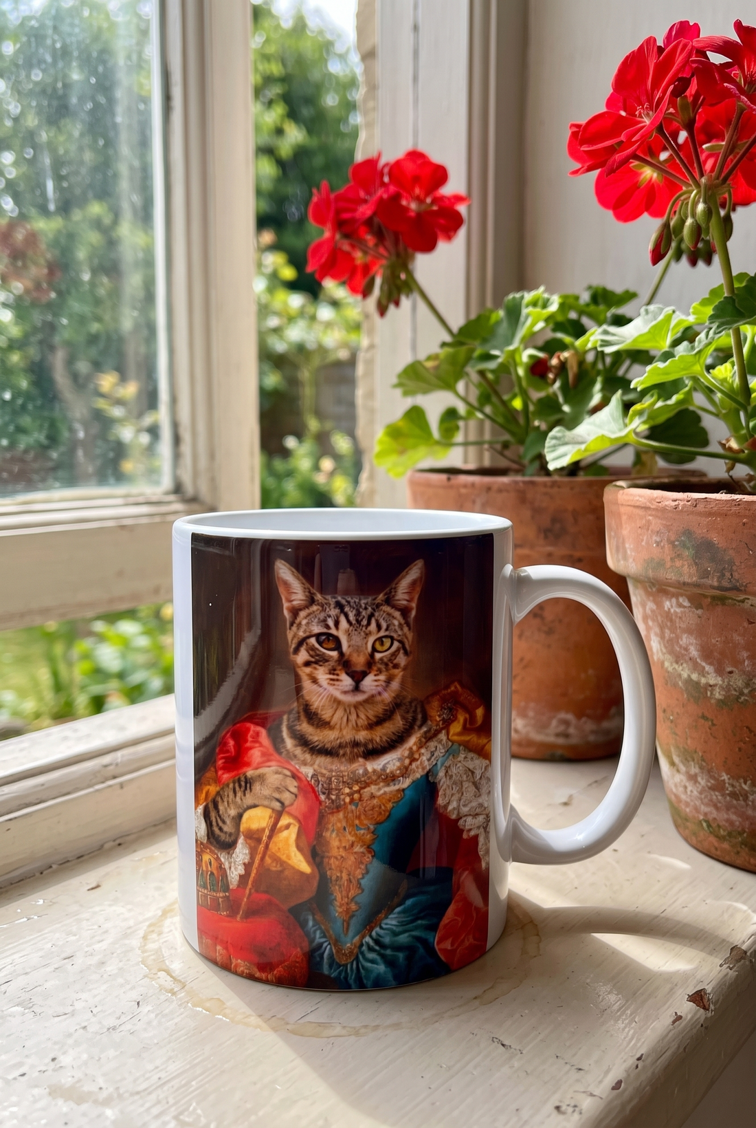 Personalisierte Tasse mit Katze im Barockstil auf einer Fensterbank mit Geranien