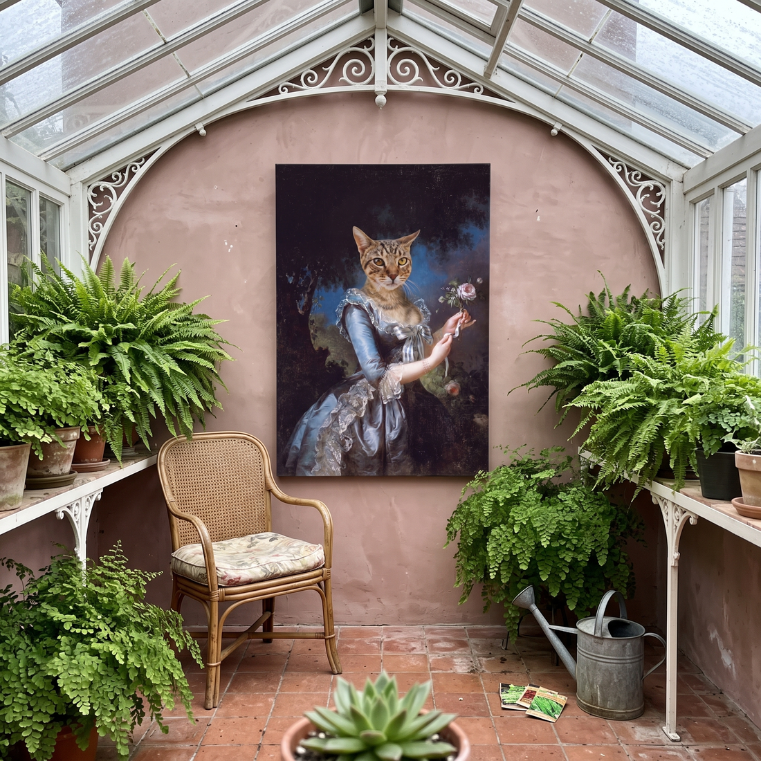 Katze als Prinzessin auf Leinwand nach Foto - Katzenportrait im Wintergarten mit Farnen