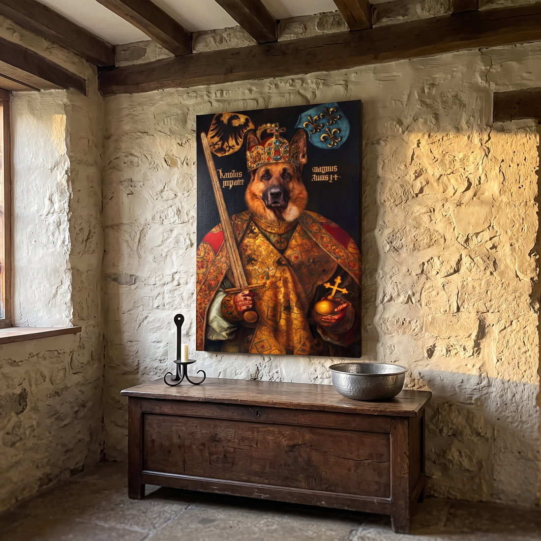 Hund als Kaiser auf Leinwand nach Foto - Haustierportrait an einer Steinwand ueber einer Eichentruhe