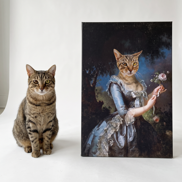 Katze als Prinzessin auf Leinwand nach Foto - echte Katze neben ihrem Katzenportrait
