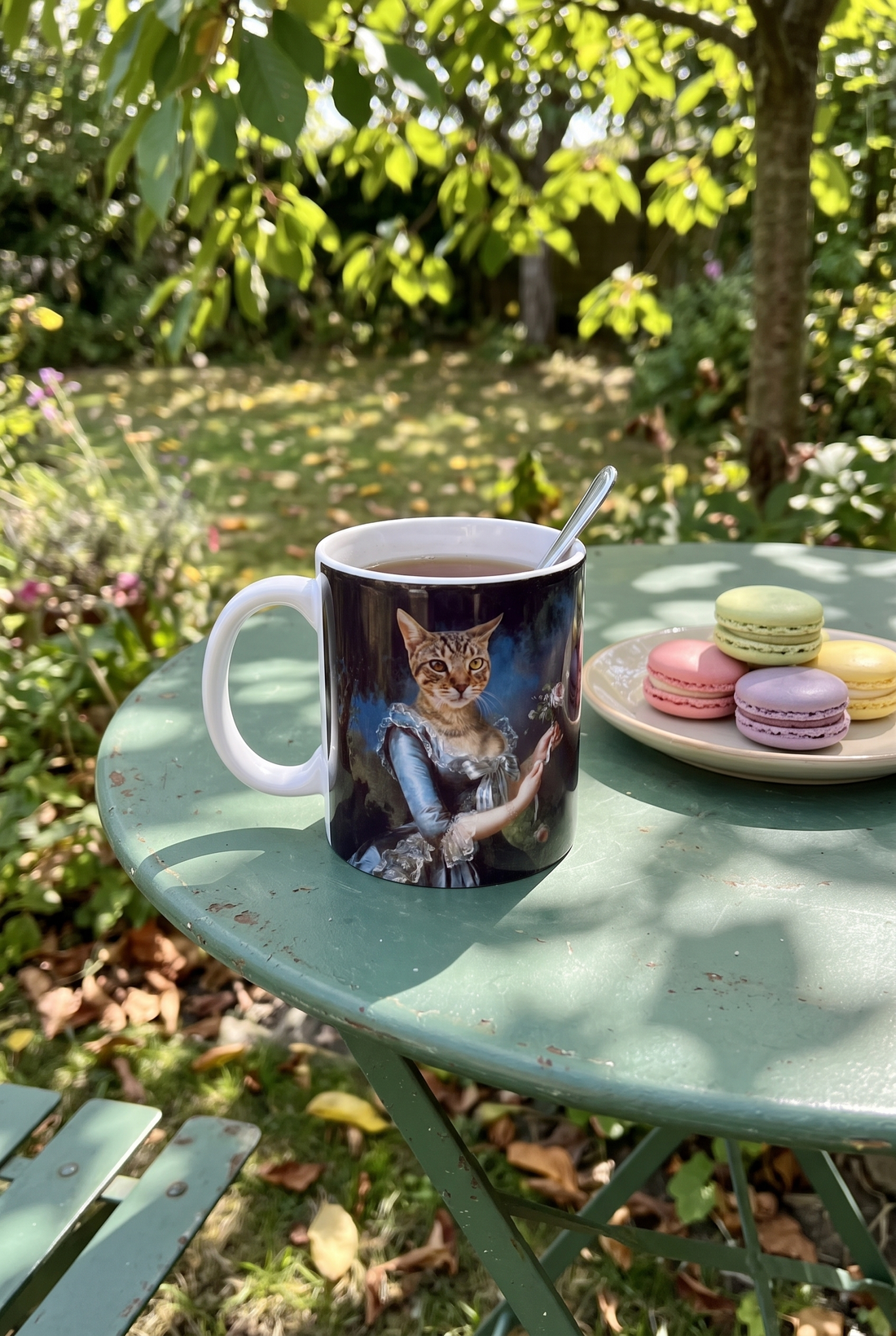Personalisierte Tasse mit Katze als Prinzessin auf einem Gartentisch neben Macarons