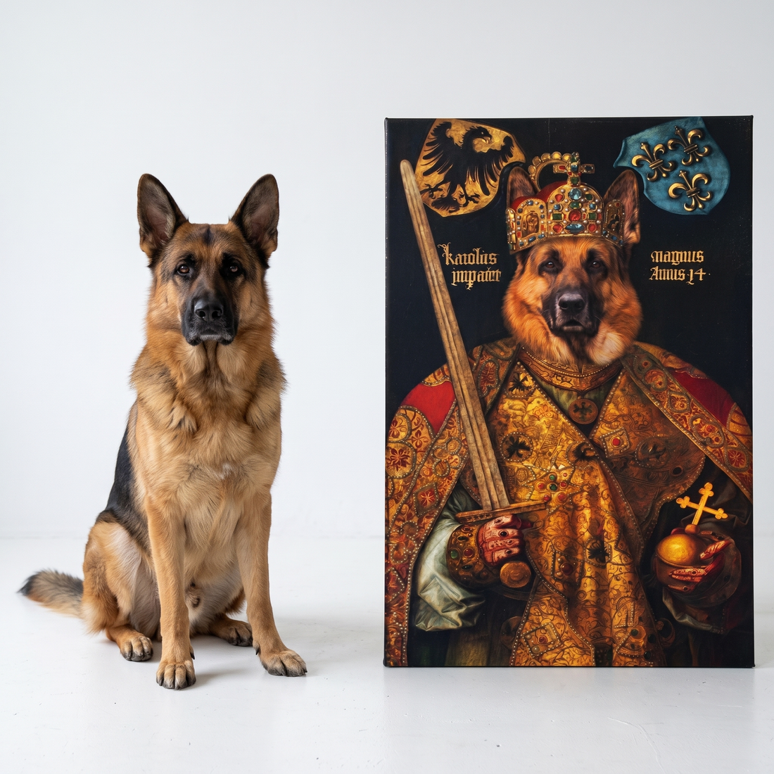 Hund als Kaiser auf Leinwand nach Foto - echter Hund neben seinem Haustierportrait