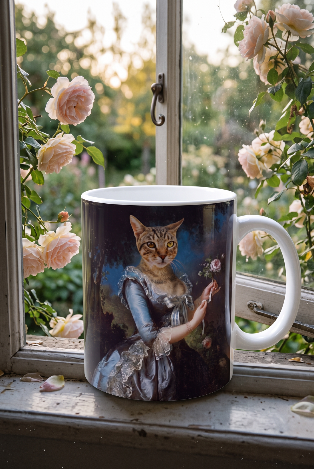 Personalisierte Tasse mit Katze als Prinzessin am offenen Fenster mit Kletterrosen